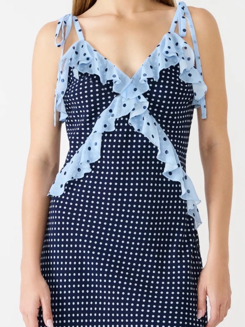 Steve Madden Adalina Polka Dot Ruffle Maxi Dress Navy Blue Size Large NWOT